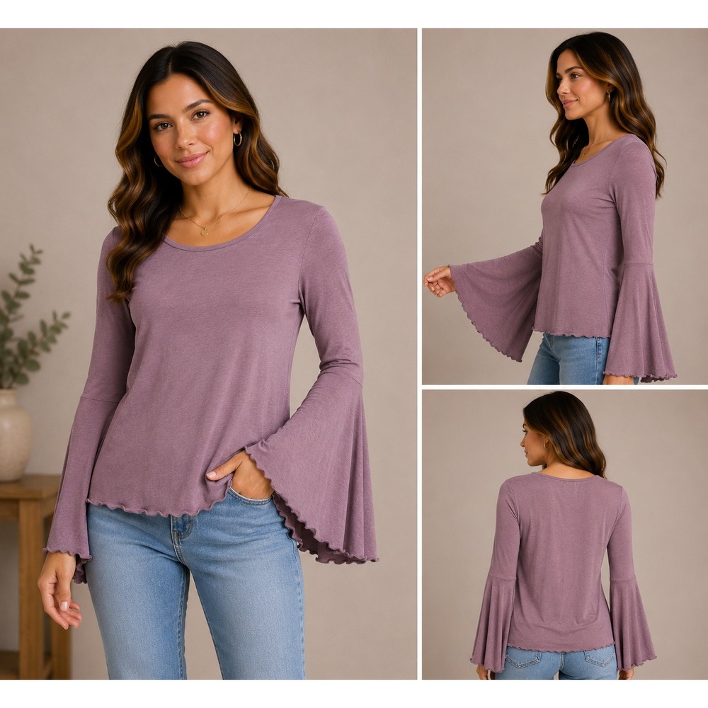 Wasabi + Mint Bell Sleeve Top Women Large Mauve Excellent Lettuce Edge WMT 1690